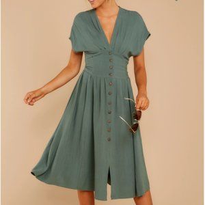 Aura Button Midi Dress in Sage Green V-Neck Medium